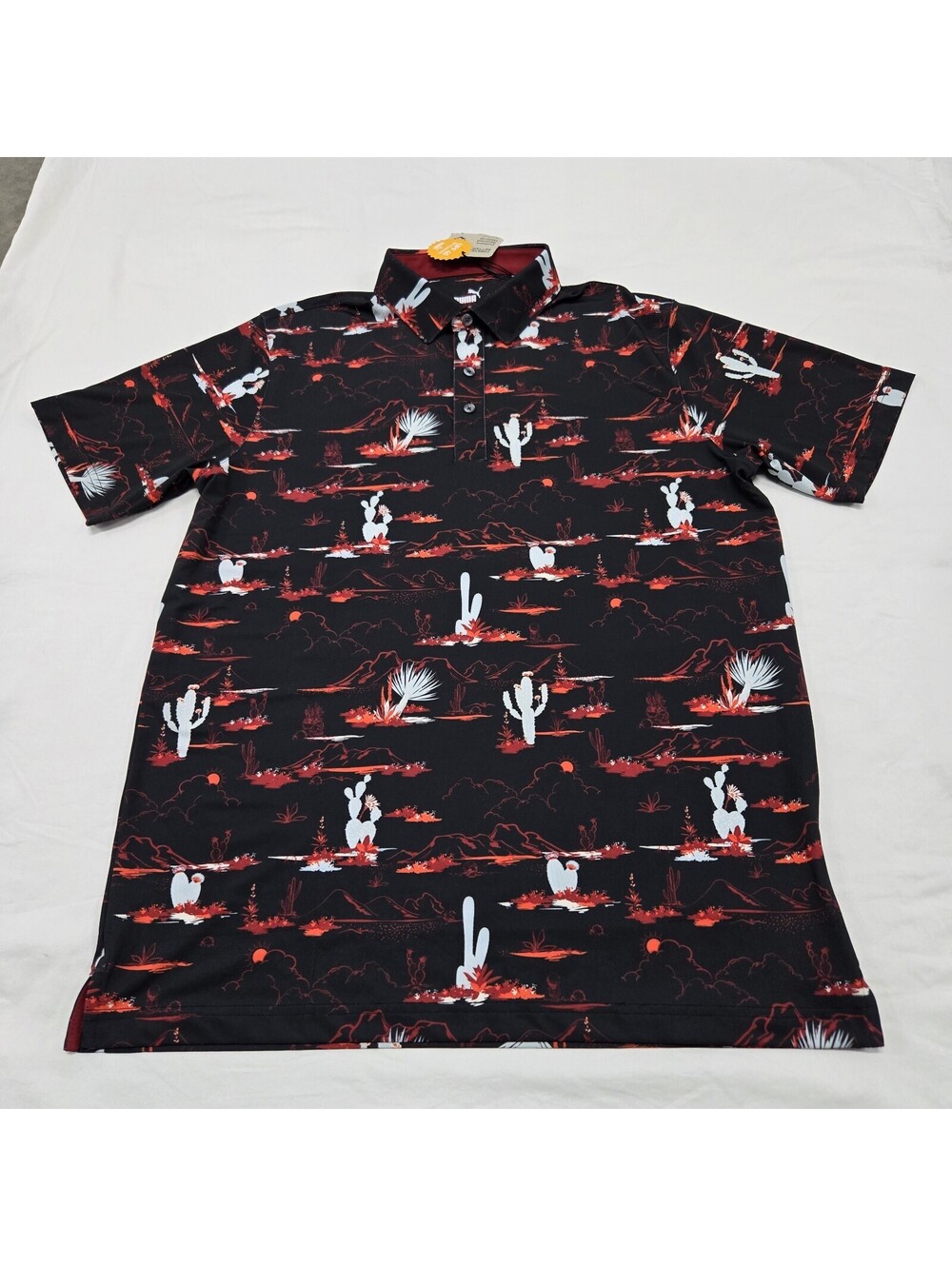 NWT Sz M Men's Puma MATTR Bushland Golf Polo Black Intense Red Desert Cactus AOP
